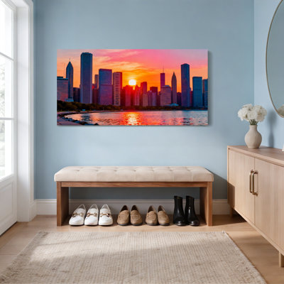 Ensemble de 1 tableau sur toile tendue représentant la ligne d'horizon de Chicago au coucher du soleil
