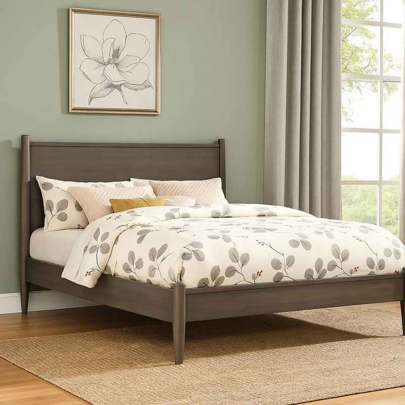 Lit plateforme très grand Mid-Century gris en bois, tête de lit haute et gracieuse, pieds fuselés ronds, ensemble de lattes, structure, assemblage de support en bois moderne sans sommier, nécessaire