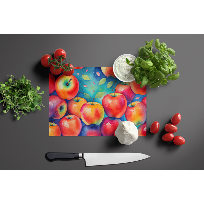 Grande planche à découper en verre avec pommes colorées