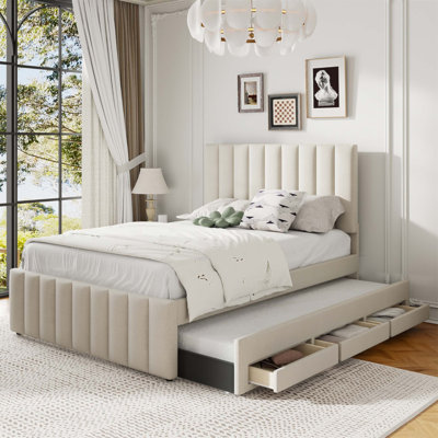 Lit plateforme tapissier en lin avec lit gigogne et 3 tiroirs, combinant confort, rangement et espace de couchage supplémentaire pour les chambres modernes
