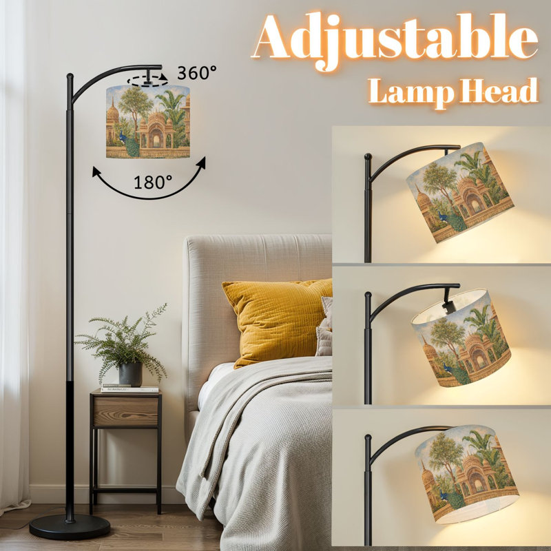 Lampe sur pied à arc avec abat-jour réglable, temple traditionnel indien, complexe de jardin, singe, paon, lampe sur pied, 3 températures de couleur, intensité variable, grand mât avec interrupteur au pied pour la chambre à coucher