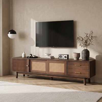 70.8" Mid-Century Modern TV Stand for 80" TVs with Rattan Sliding Doors & Drawers, Walnut