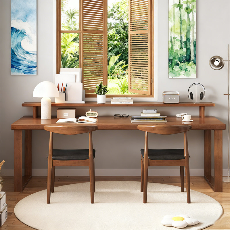 Bureau en bois massif avec bibliothèque, H 29,53 po x l 62,99 po x P 23,62 po, Brun