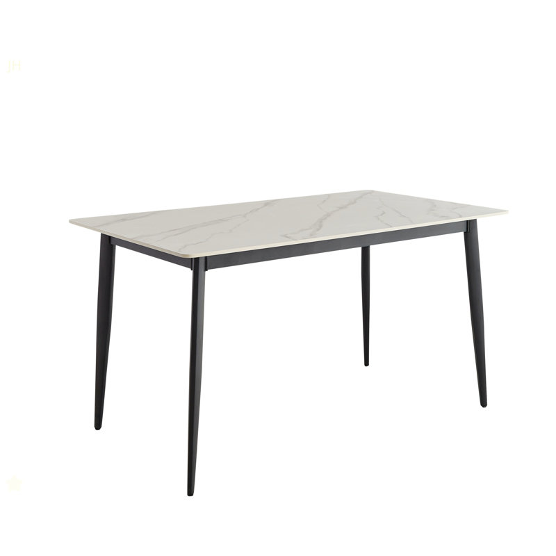 Table de salle à manger Table de cuisine rectangulaire blanche de 55 po avec plateau en porcelaine et pieds en métal, table de salle à manger pour 4 personnes, table de salle à manger de style Mid-Century pour salon et bureau, table seulement