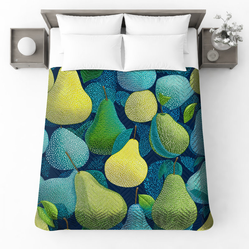 Patterned Pear Illustration Quilted Bedspread All Sizes, Twin