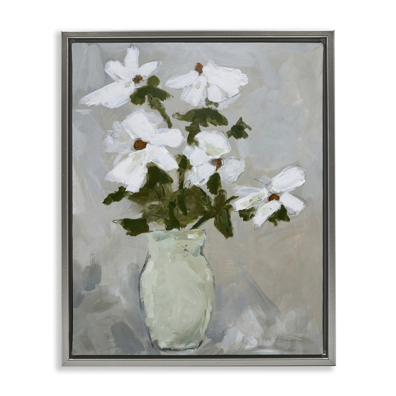Cadre flottant Cosmos Flowers Serene Rustic Vase, design par Chloe Elliot, H 21 po x l 17 po, Cadre flottant gris lustré