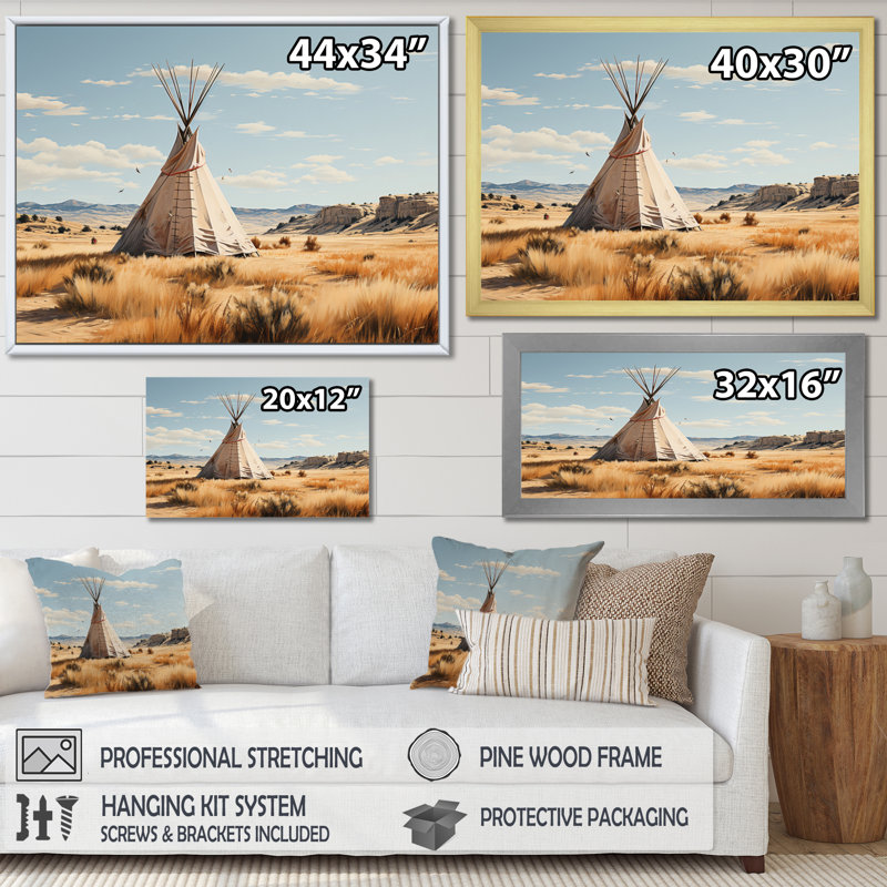 Tipi murmure beige de l'esprit - salon d'art amérindien, Cadre flottant noir, H 24 po x l 32 po x P 1 po