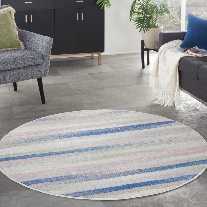 Bleu rayé/Ivoire/rose Tapis décoratif, Rond 5 pi