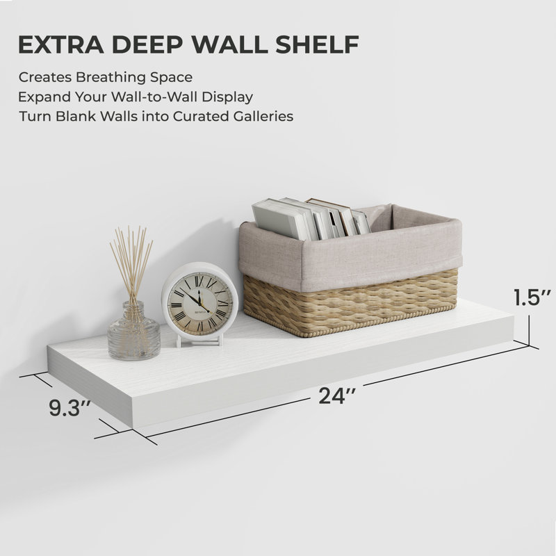 2-Piece Floating Wall Shelves, 9.3" Deep, Wall-Mounted Design, White, 1.5" H x 24" W x 9.3" D