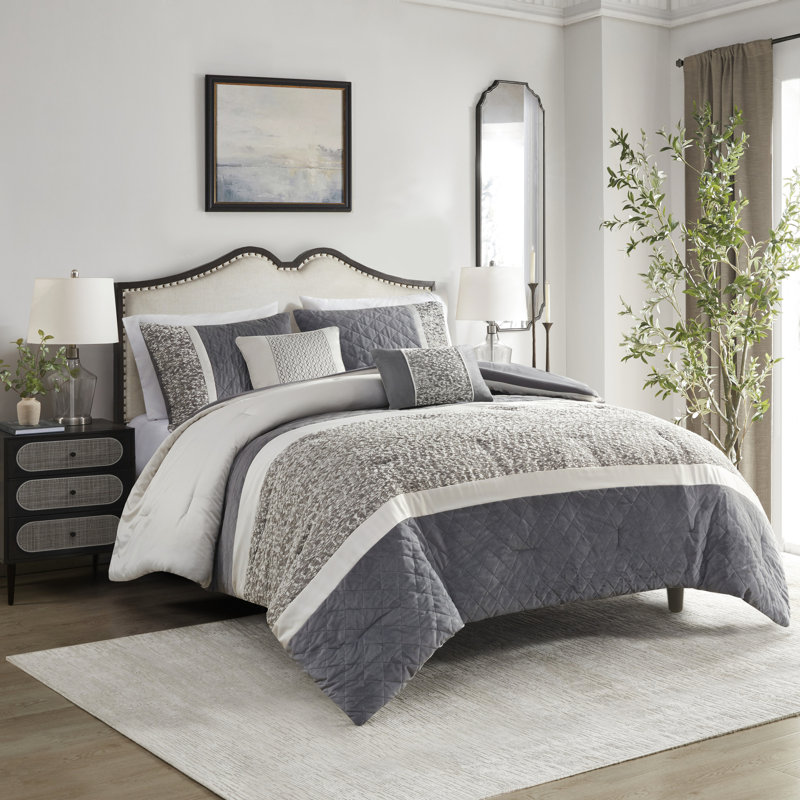 Édredon très grand / très grand, rayures texturées, avec coussins pour lit, 5 pièces, coussins, charmeuse, visage de vison