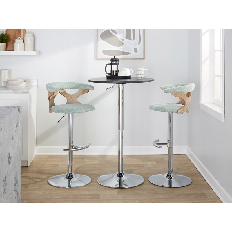 Tabourets de bar Laquietta réglables en hauteur avec repose-pieds arrondis en forme de T, Chrome / blanc délavé, Vert
