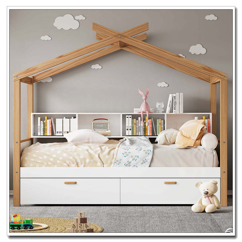 Structure de lit en bois avec deux tiroirs et espace de rangement pour bibliothèque