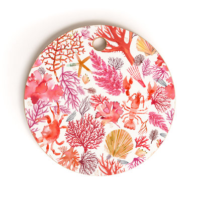 Planche à découper ronde Ninola Design Botanic Retreat, motif récif corallien, crabe et homard, rouge.