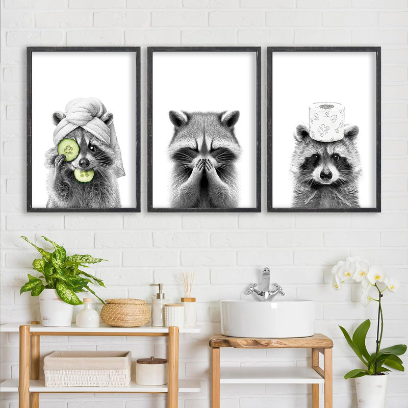 Set Of 3 Raccoon Bathroom Wall Art