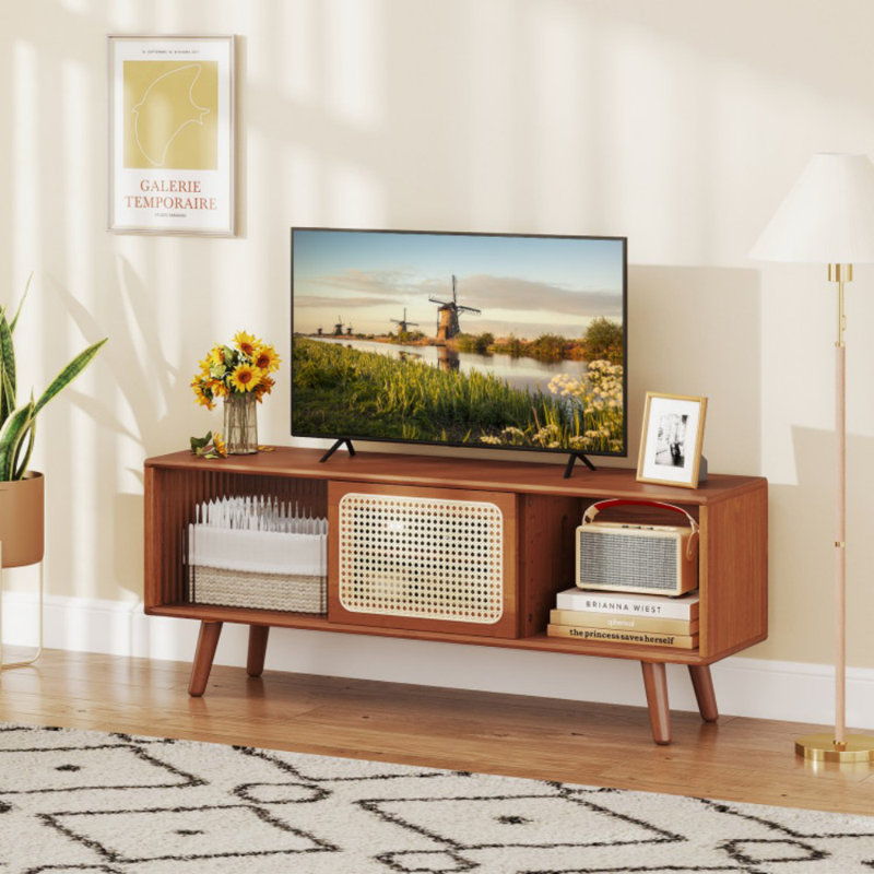 Meuble télé moderne avec portes coulissantes en verre rotin