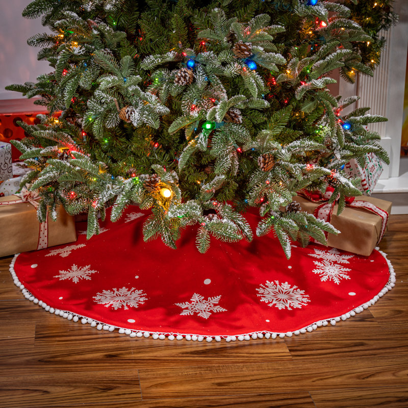 48 In. Red Velvet Tree Skirt With White Snowflakes And Pom Poms