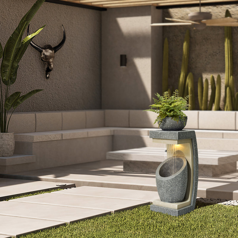 Abdulameer 32''H Gray Resin Column Outdoor Fountain with Built-In Planter and LED Light