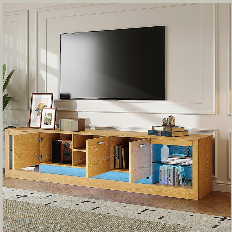 Meuble télé 78 po avec 6 armoires et 2 compartiments ouverts 78 po, meuble télé pour téléviseur de 90 po ou moins, console de télévision pour le salon
