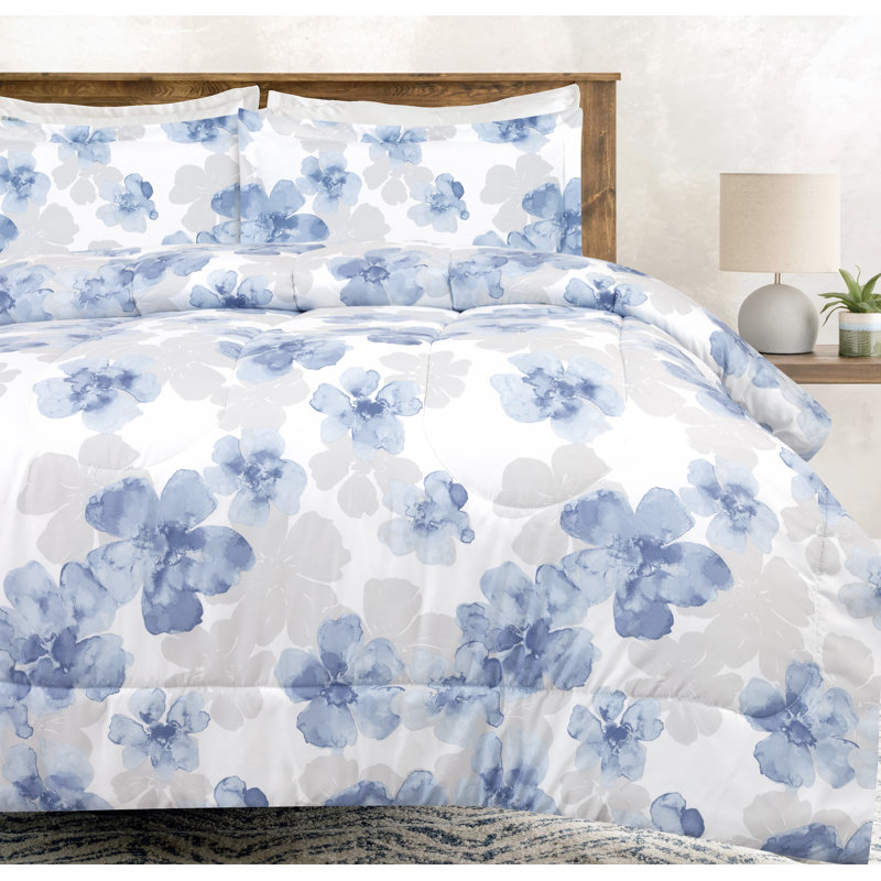 Ensemble d'édredon 3 pièces aquarelle florale bleue Chanasya, Édredon pour très grand lit + 2 taies décorativ