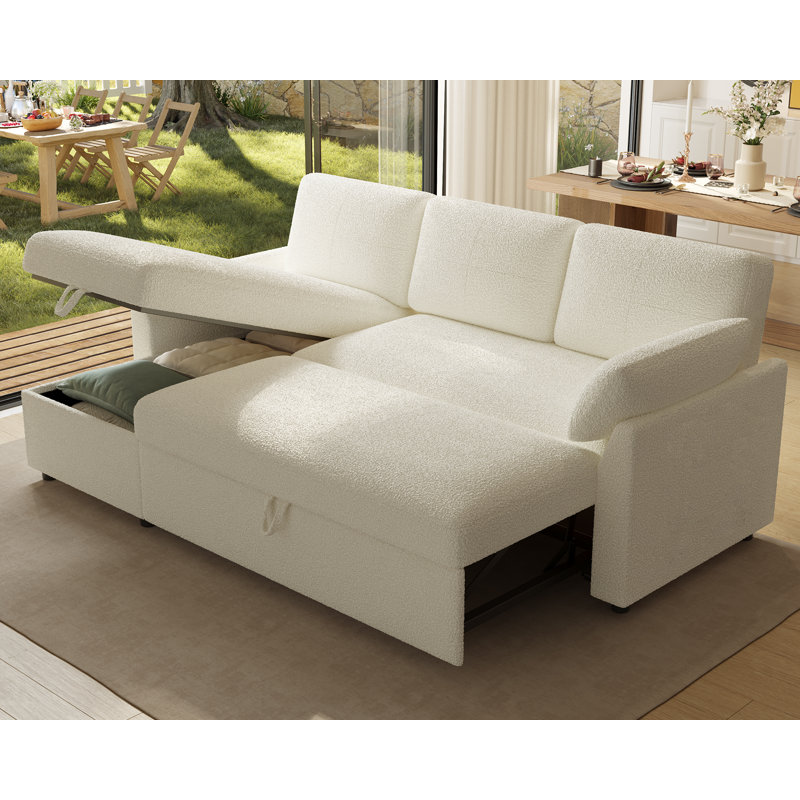 Canapé-lit modulaire avec lit escamotable et méridienne de rangement, revêtement capitonné, Boucle blanc