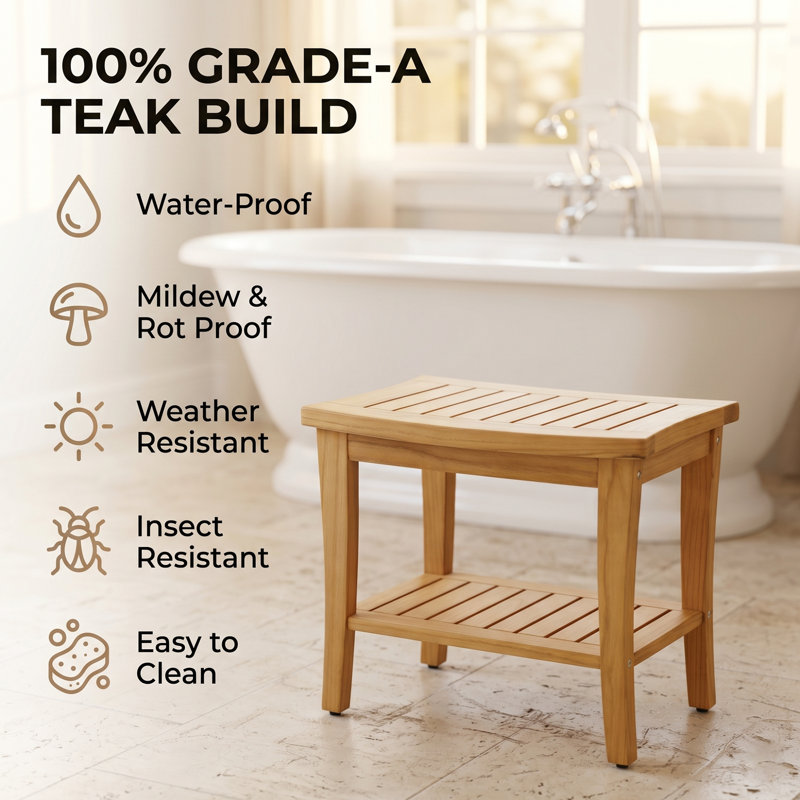 20" W Solid Teak Shower Bench with Storage Shelf, 500lbs Waterproof Spa Stool