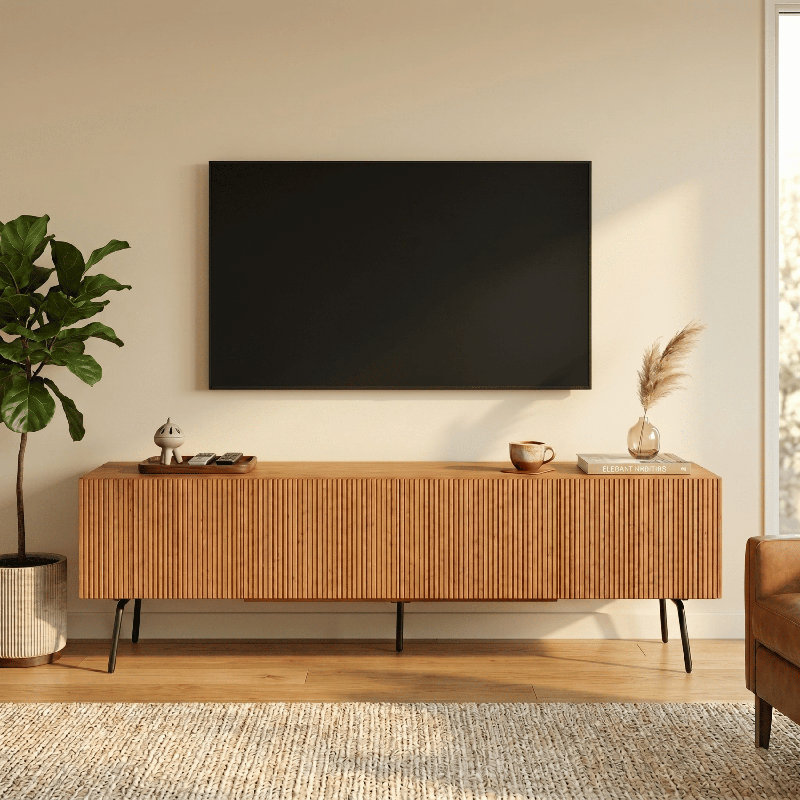 NTC Veil TV Stand with 3 - 4 Doors for TVs up to 75’’, Media Console with Vertical Groove Design and Metal Legs, Modern Entertainment Center for Living Room and Bedroom, Effortless Assembly