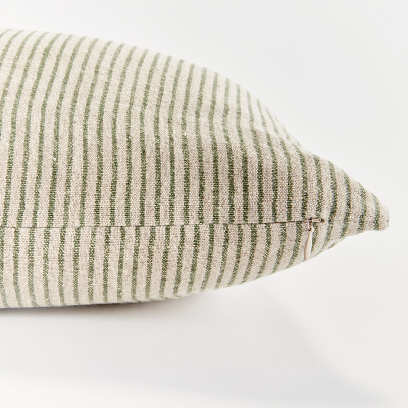 Jules European Flax Fiber Pillow Cover & Insert, Rectangle 14" H x 20" W, Knife Edge, Green/Ivory/Pinstripe