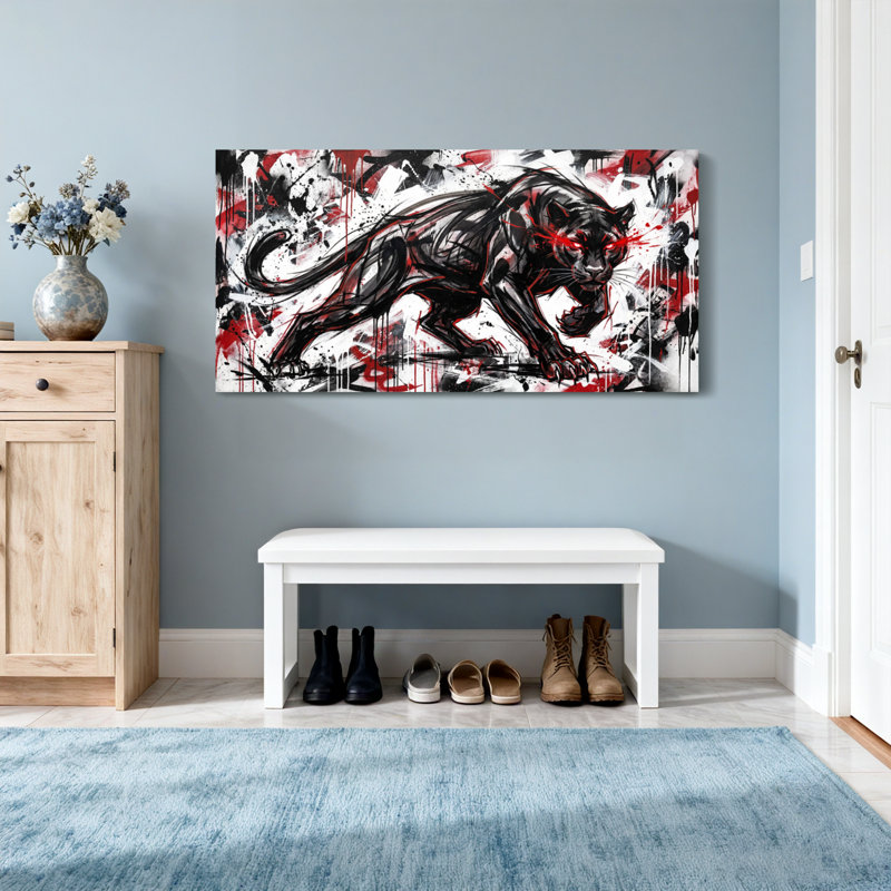 Animaux, panthère noire avec accents rouges et fond abstrait, H 24 po x l 48 po