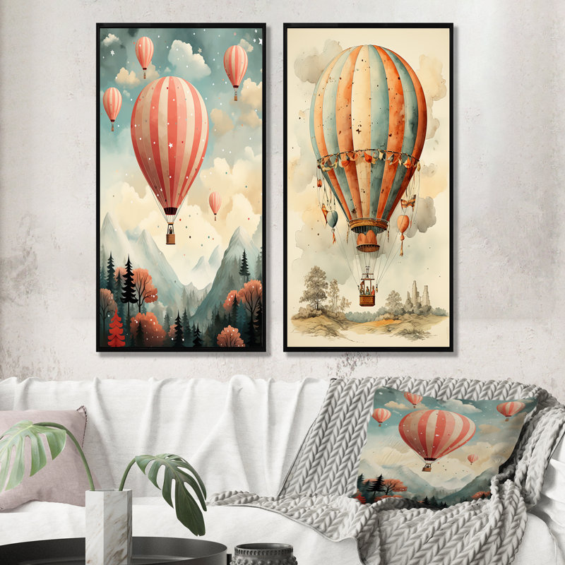 Classic Classic - Montgolfière - ensemble de 2 reproductions d'art sur toile, Cadre noir, H 28 po x l 25 po