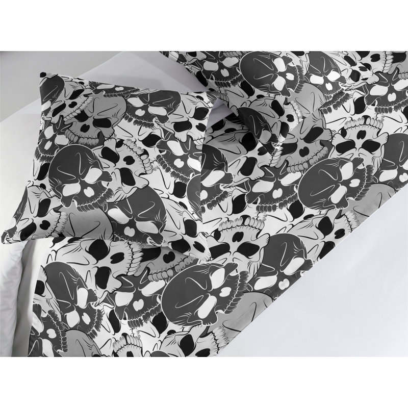 Ambesonne Skull Bed Runner Set Illustration of Skeleton Head Charcoal Grey and Eggshell, King