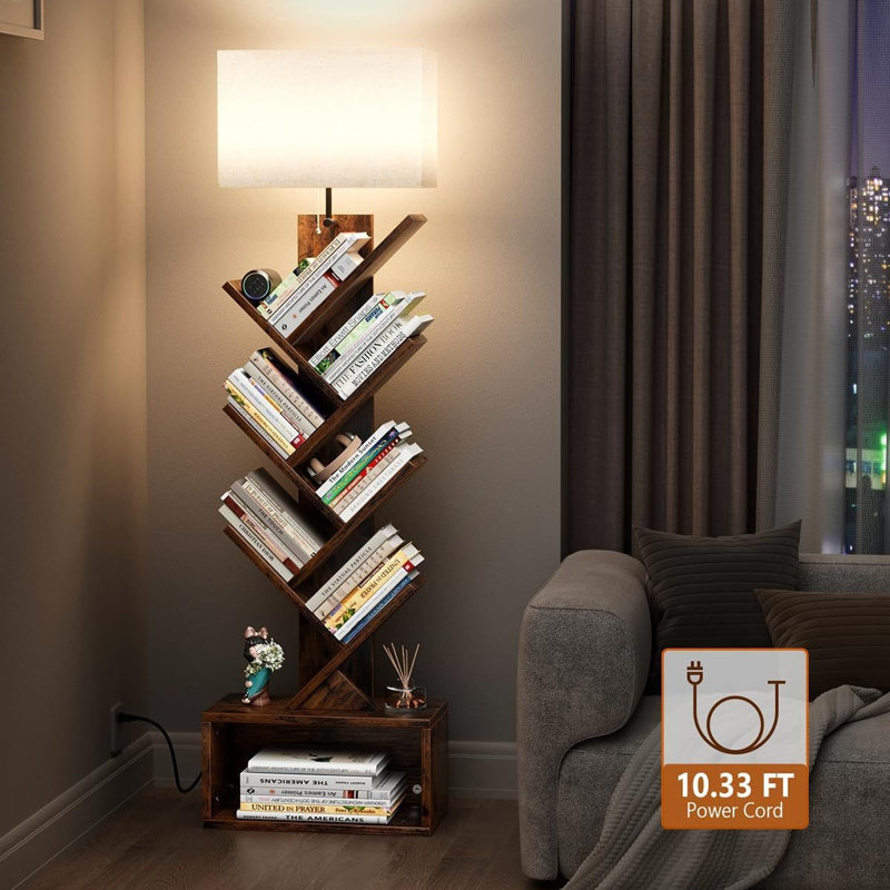 6 Tier Tree Bookshelf With Light, Narrow Bookcase Tower, Tall Floor Standing Book Organizer With Storage Cabinet For Living Room, Bedroom And Home Office, Rustic Brown