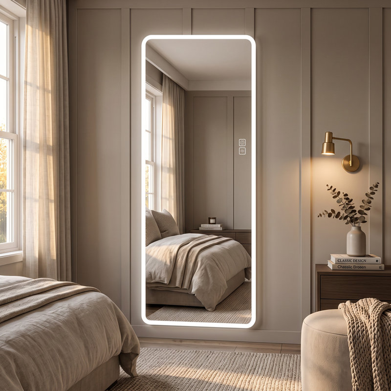 Miroir de salle de bain pleine longueur à DEL avec gradation continue et sécurité antidéflagrante - Miroir mural moderne à bord arrondi pour chambre à coucher, salle de bain ou vestiaire