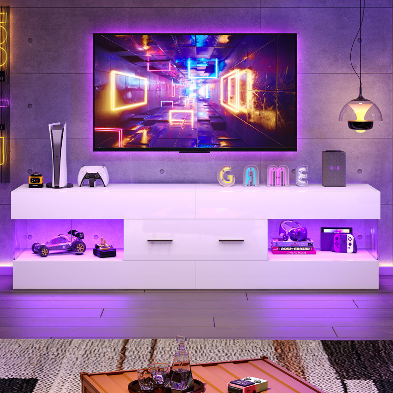 Kruszewski 60 inch  Glossy TV Stand Fits TV Up to 65 inch with Drawer and LED Light Stone Grain Media Console, White