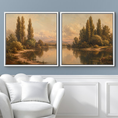 «Golden River Landscape with Tall Trees And Warm Countryside Elegance», ensemble de 2 reproductions d'art sur toile encadrées