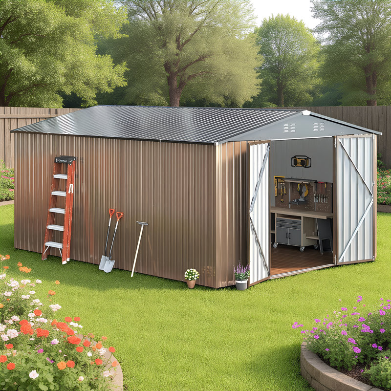 Remise de rangement extérieure en acier galvanisé l 10 pi x P 14 pi VIWAT, brun, 10 x 14 pi