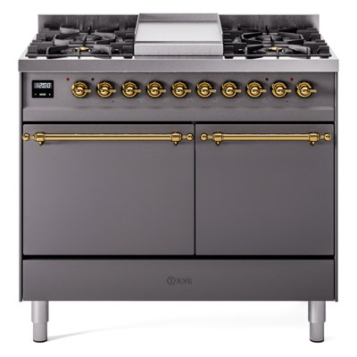 Cuisinière à double combustible de 40 po avec 6 brûleurs scellés et plaque chauffante (porte vitrée) ILVE Nostalgie II Series