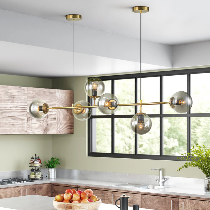 Worthington 6 - Light Gold Linear Sputnik Chandelier Globe Glass Bubble Kitchen Island Pendant Lamp