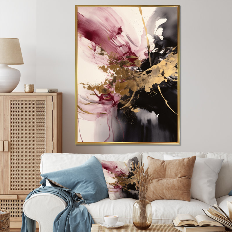 Or et rose fluides I sur toile, Cadre flottant doré, H 44 po x l 34 po x P 1,5 po