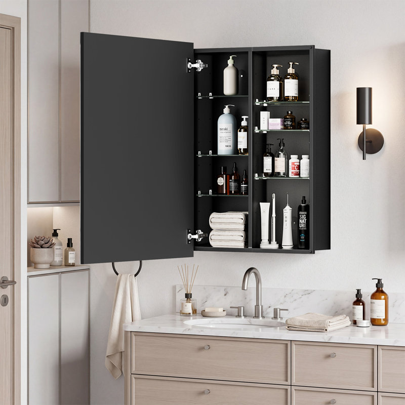 Ahn Recessed or Surface Mount Medicine Cabinet with Mirror, Frameless Design, Adjustable Shelves, 6 Compartments & Reversible Door Design