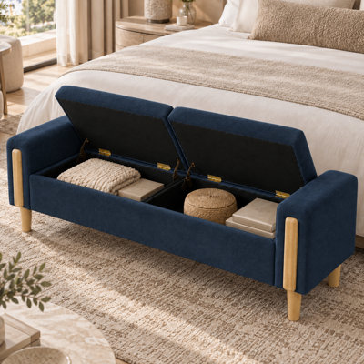 Modern Double Lid Upholstered Storage Bench with Spacious Hidden Compartment and Armrests for Bedroom Entryway and Living Room