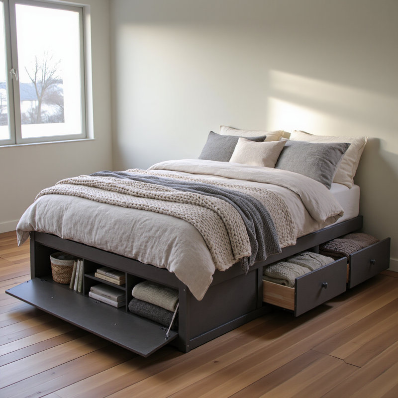 Queen Size Platform Bed Frame With 4 Storage Drawers And Hydraulic Lift Footboard Storage, No Headboard, Modern Space-saving Design-antique Gray