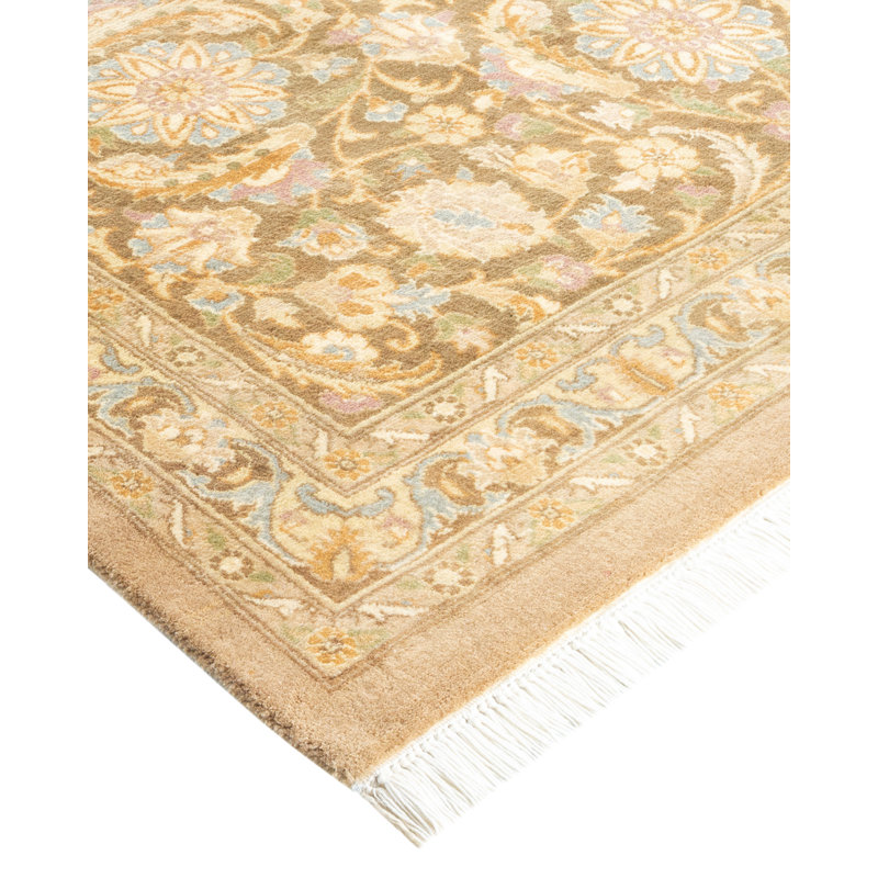 Tapis ivoire / brun clair noué à la main de conception unique 9 pi 1 po x 12 pi 5 po Mogul