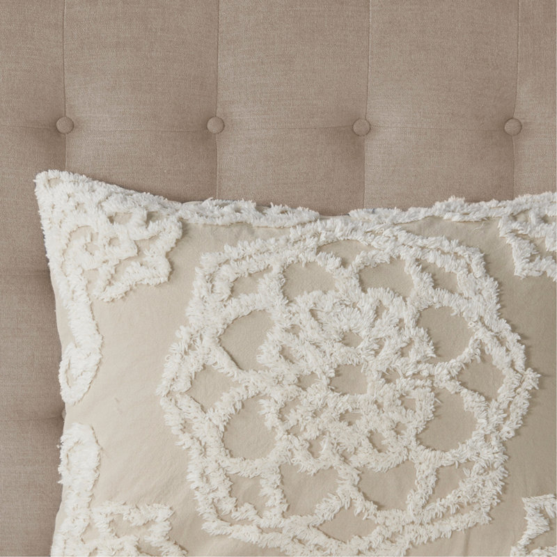 Tufted Cotton Chenille Medallion Fringe Coverlet Mini Set Taupe Full/Queen, Full/Queen Coverlet/Bedspread + 2 Shams, Beige