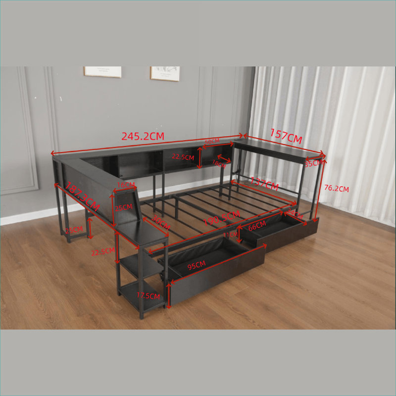 Structure de lit simple d'angle pour petite chambre à coucher, métal noir mat avec rangement intégré, lumières DEL et station de charge