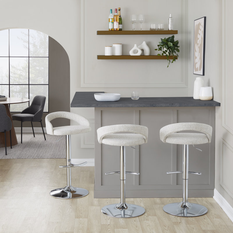 Tabouret de bar Laurenzio, Chrome chrome, Tissu avoine, Ensemble de 3