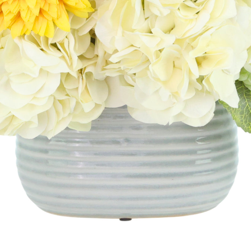Hydrangea and Sunflower Arrangement in Ridged Vase