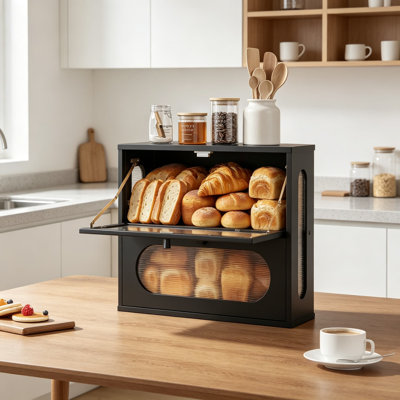 Boîte à pain de coin pour comptoir de cuisine, bac à pain en bambou double couche, grand contenant à pain pour la maison avec fermeture magnétique et fenêtre de vue