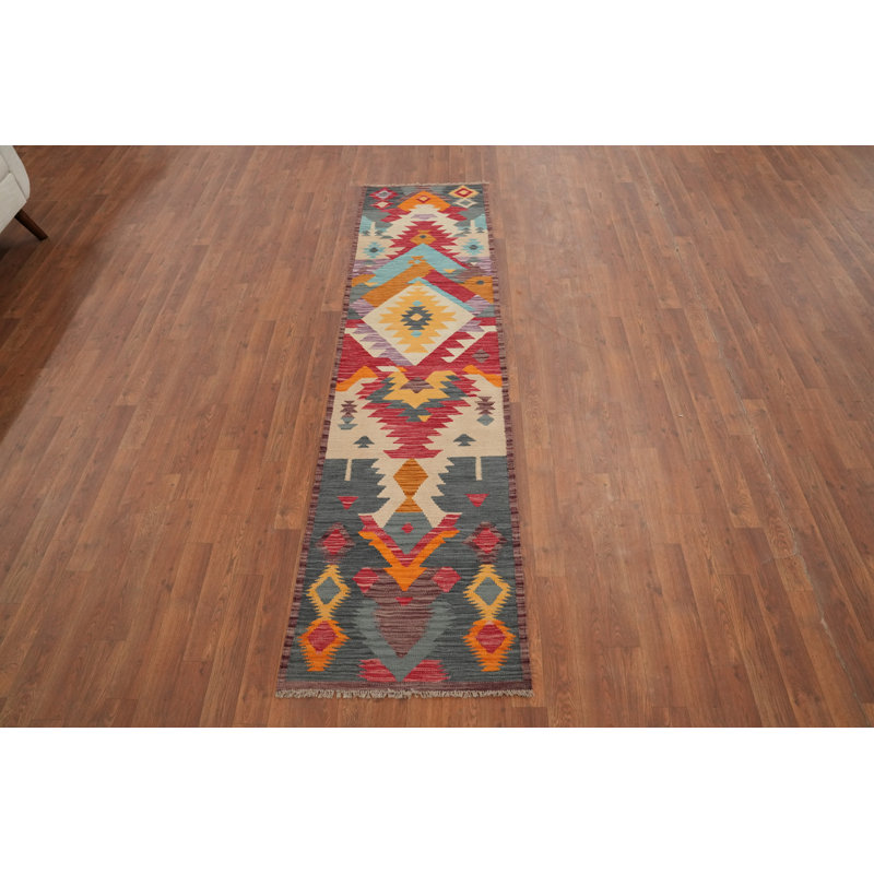 Vegetable Dye Wool Kilim Flat Weave Runner Rug 2x8