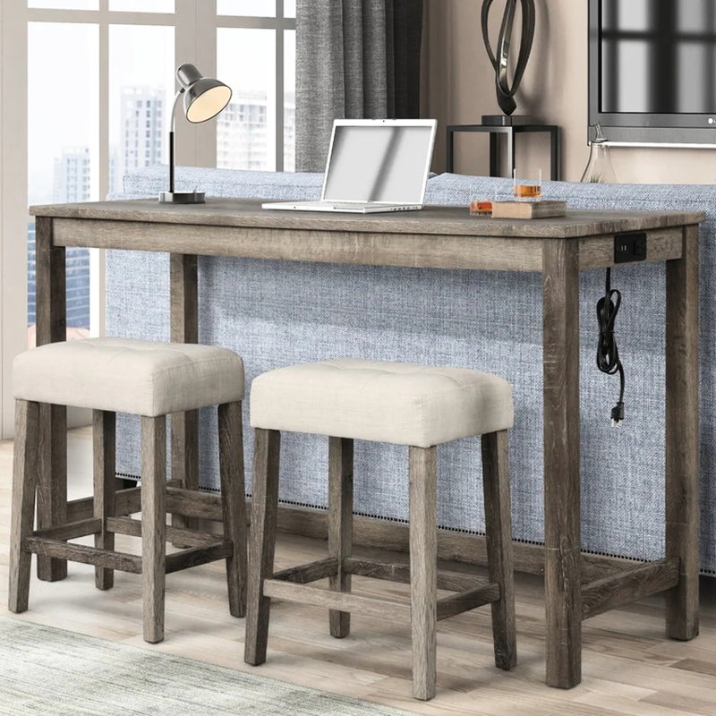 Table de bar 3 pièces : Bois massif avec rangement intégré, 2 tabourets rembourrés en lin mélangé, style transitionnel, pour coin repas, prise électrique, beige, repas en famille