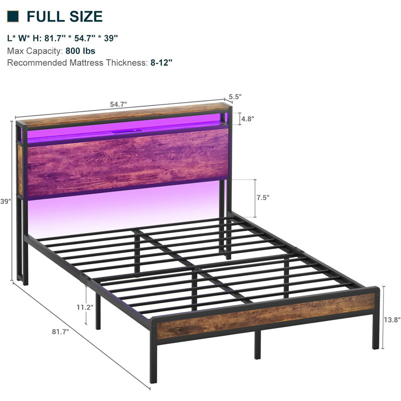 Jaquaya Bed Frame with Charging Station and Led Lights, Full / Double, Brown